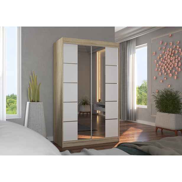 Šatní skříň se zrcadlem 120 cm FABRA - dub sonoma / bílá