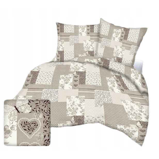Povlečení flanelové 160x200 béžová patchwork srdce motýli květiny
