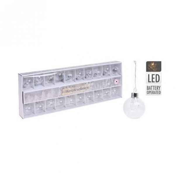 Řetěz 20LED koule dekor vločka t.bílá bat. čirá 5cm