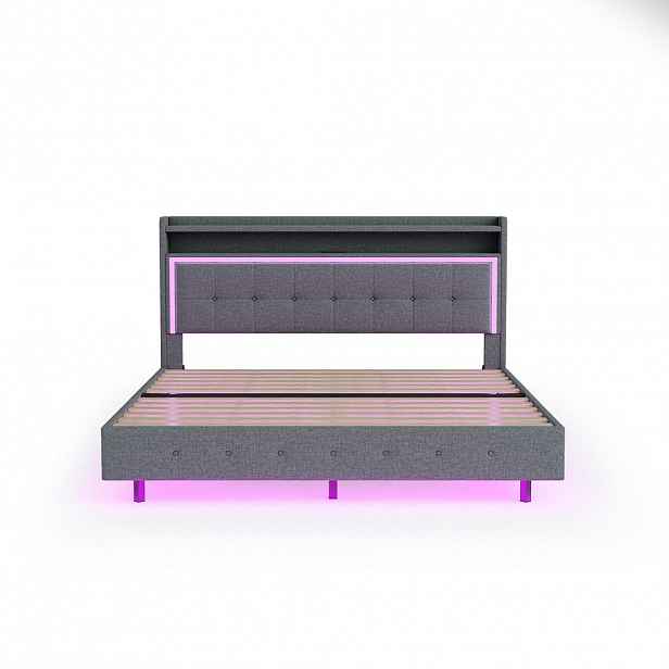 FLIEKS ČALOUNĚNÁ POSTEL 160x200cm USB LED Čelo Šedá