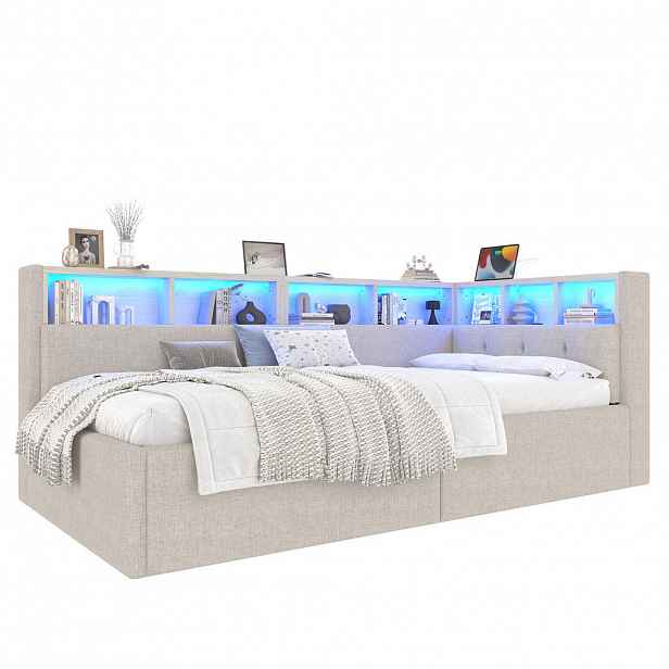 WISHDOR ROZKLÁDACÍ POHOVKA 90/200 cm v béžové lněné látce s úložným prostorem, LED osvětlením, USB a Type-C