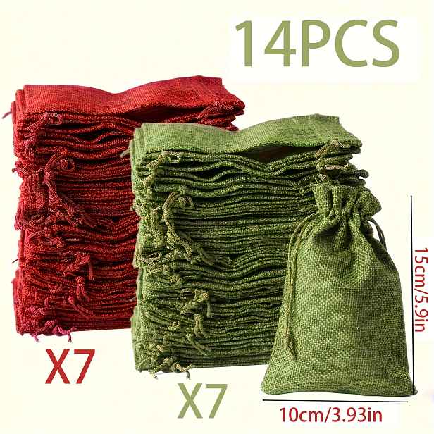 TEMU Dárek pro Ni/Něj 14ks balení, 7 červených + 7 zelených přírodních jutových dárkových tašek se stahovací šňůrkou - Velké a malé dárkové tašky -