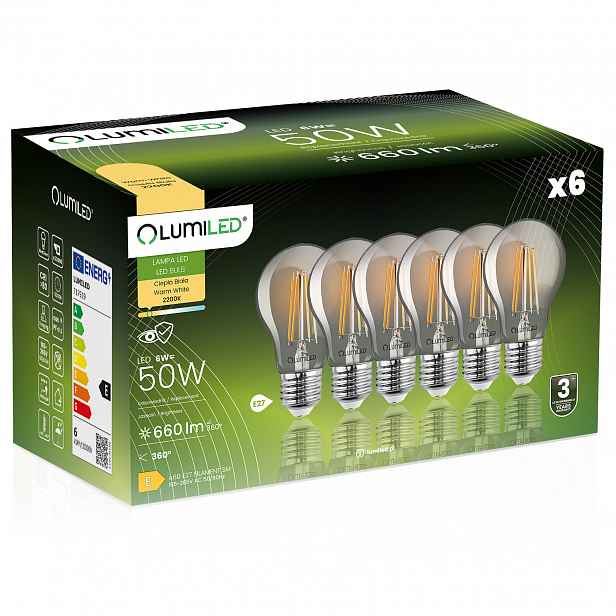 6x Led žárovka E27 A60 6W 50W 660lm 2200K Teplá 360° Kouřová Filament
