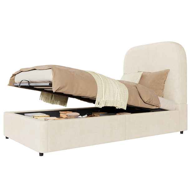 OKWISH JEDNOLŮŽKOVÁ postel 90/190 cm béžová ze sametu s hydraulickým úložným prostorem a roštem