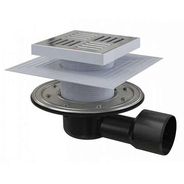 Alca - Podlahová vpust boční 15x15 cm, průměr 5/8 cm, 2. úrovně izolace, vodní a suchá zápachová uzávěra, nerez/plast APV3444