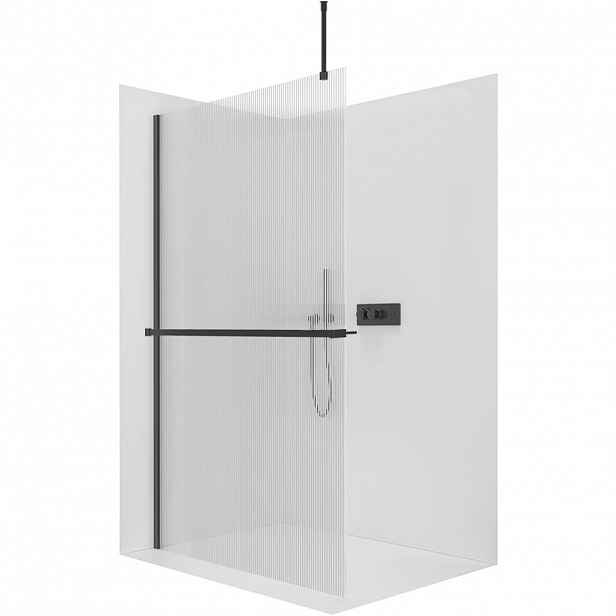 Sprchová zástěna Walk-in Onyx Top Round L/P - 8 mm - kulatá vzpěra + polička/držák na ručníky - černá matná, rýhované sklo - 60x200 cm