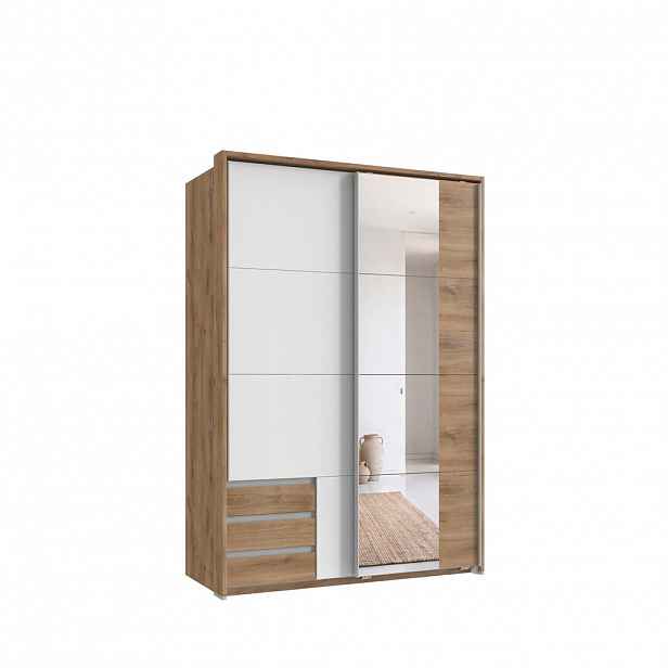 luma-home SKŘÍŇ S VZVÁJENÝMI DVEŘMI, 2dveřová, 138 × 65 × 200 cm (Š×H×V), dub, bílé dveře, pasparta, zrcadlo / 22684
