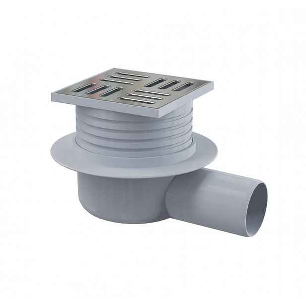 Alca - Podlahová vpust boční 11x11 cm, průměr 5 cm,  vodní zápachová uzávěra, nerez/plast APV26