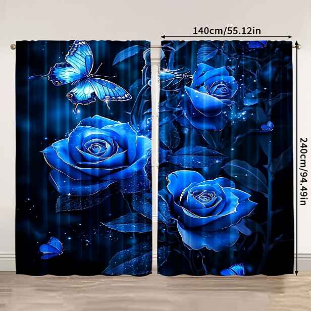 TEMU 2 ks Zatemňovací závěsy Blue Enchantress – Odolné 100% polyesterové s modrých růží a motýlů, světlopropustné záclony do ložnice, obýváku