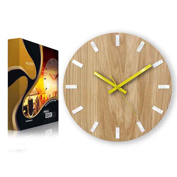 Dřevěné hodiny Dub Simple Bílo-žluté 33 cm Tiché