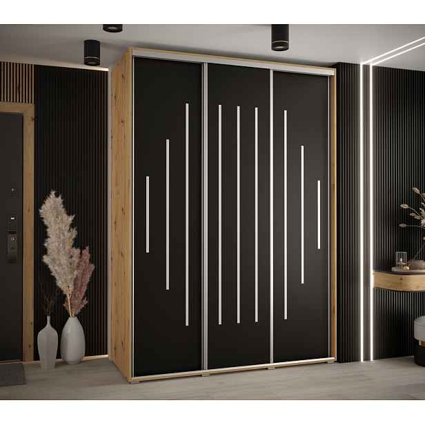 Šatní skříň YVONA 12 - 170/60 cm, dub artisan / černá / stříbrná