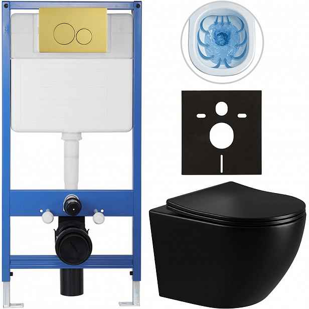 Kompletní WC set Profi/Cesso - černá lesklá - WC tlačítko Duo/Zlatá - předstěnová instalace - 49x36 cm
