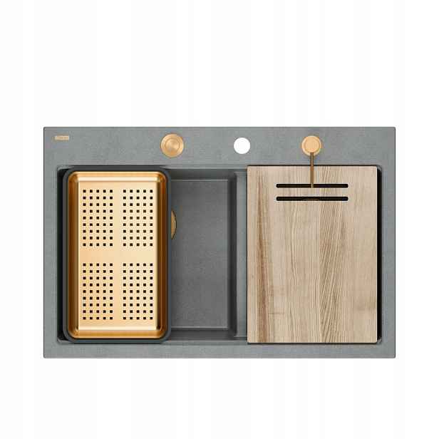 Quadron Marc 120 Granitový dřez 2-komorový 76x50x22 cm, stříbrný, sada