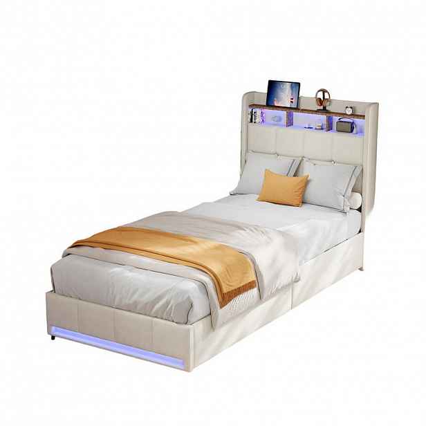 SHOPENTRA ČALOUNĚNÁ postel 90x200 cm béžová, lněná, LED, USB-C, zásuvky