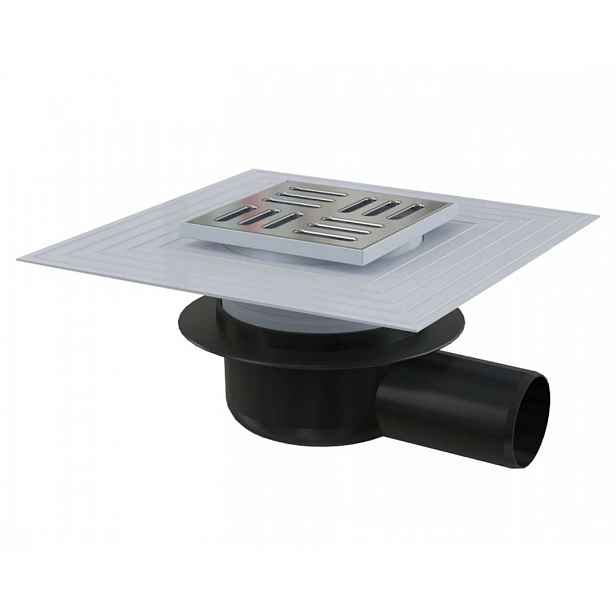 Alca - Podlahová vpust boční 150x150 mm, průměr 50 mm, 2. úrovně izolace, suchá zápachová uzávěra, nerez/plast APV26C