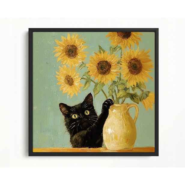Obraz Rama American Box Černá Kočka Žluté Slunečnice Van Gogh 60x60