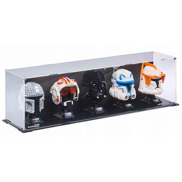 1 vitrína na pozadí Blacked Brick pro 5x Lego Helma Star Wars Marvel SuperHeroes DC