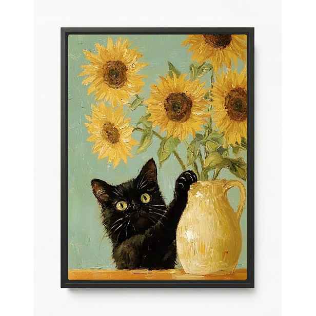 Obraz Rama American Box Černá Kočka Žluté Slunečnice Van Gogh 60x80