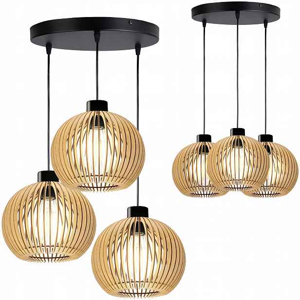 Závěsná Stropní Lampa Dřevěný Lustr Trojitá, Nastavitelná, 3 Stínidla