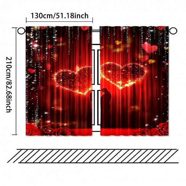 TEMU Sada 2, romantické červené růže a srdíček polyesterové závěsy na Valentýna, lze prát v pračce, vintage design, vhodné do obývacího pokoje,