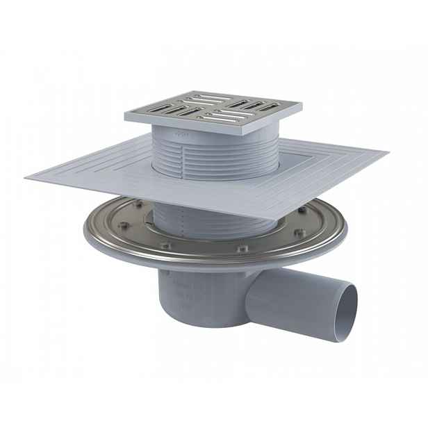 Alca - Podlahová vpust boční 105x105 mm, průměr 50 mm, 2. úrovně izolace, zápachová uzávěra SMART, nerez/plast APV1324