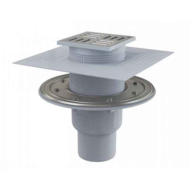 Alca - Podlahová vpust přímá 11x11 cm, průměr 5/8 cm, 2. úrovně izolace, kombinovaná zápachová uzávěra SMART, nerez/plast APV2324