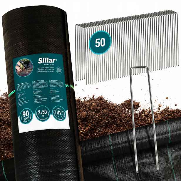 Silná Zahradní Agrotextilie Černá 2x50 m 90 g/m² Podložka Na Plevel x50 Kotvy