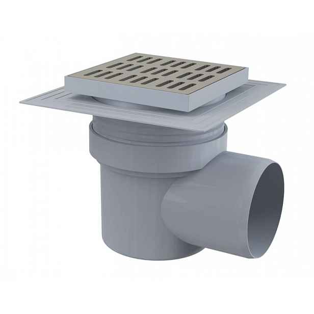 Alca - Podlahová vpust boční 15x15 cm, průměr 11 cm, 2. úrovně izolace, vodní zápachová uzávěra, nerez/plast APV12