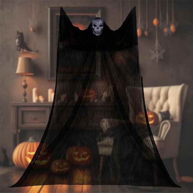 Duch Závěsná Dekorace Halloween Černá Závěs 3,5x1,8M Strašidelná Ozdoba