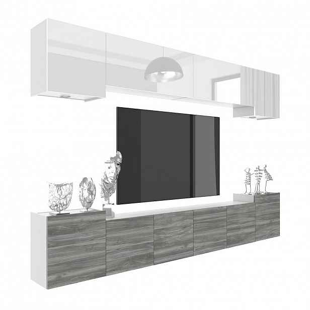 B BELINI GROUP OBÝVACÍ STĚNA Milano 4, Bílá lesklá / Šedá matná, 300 cm, Bezúchytková