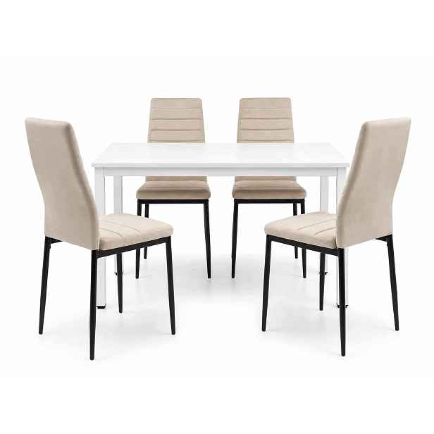 Jídelní set stůl 120x60 cm v loftovém stylu, bílý 4 béžové sametové židle Axell
