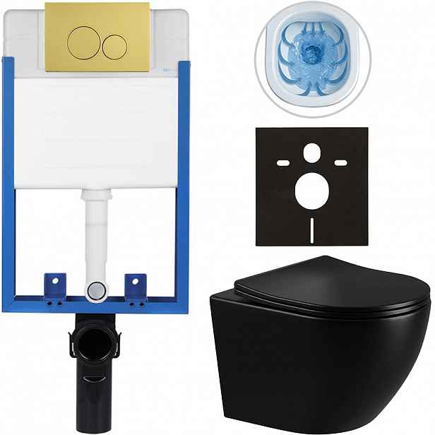 Kompletní WC set Profi/Cesso - černá lesklá - WC tlačítko Duo/Zlatá - pro zazdění - 49x36 cm