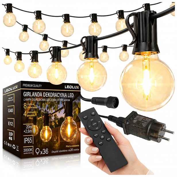 Světelná zahradní girlanda 20 m 36 x síťová Led žárovka Ovladač +dárek 2xE12