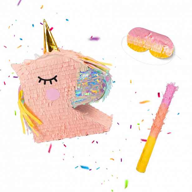Relaxdays PIÑATA Hnědá hlava jednorožce 3dílná-sada s holí a maskou