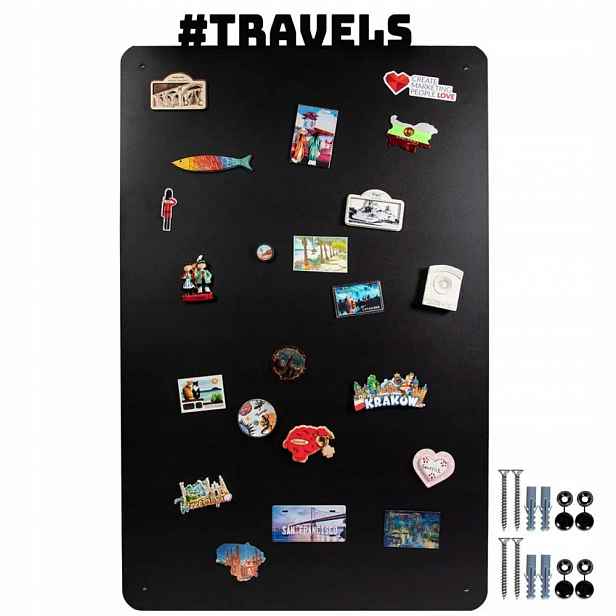 Tabule na magnety z cest Travels 60x100 cm černá kovová nástěnná XXL