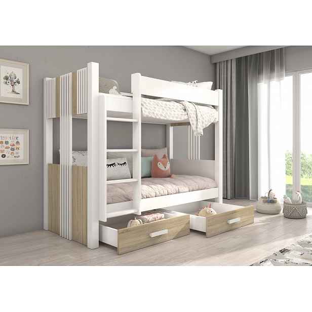 Patrová postel s matracemi 80x180 DAPRIA - bílá / dub sonoma