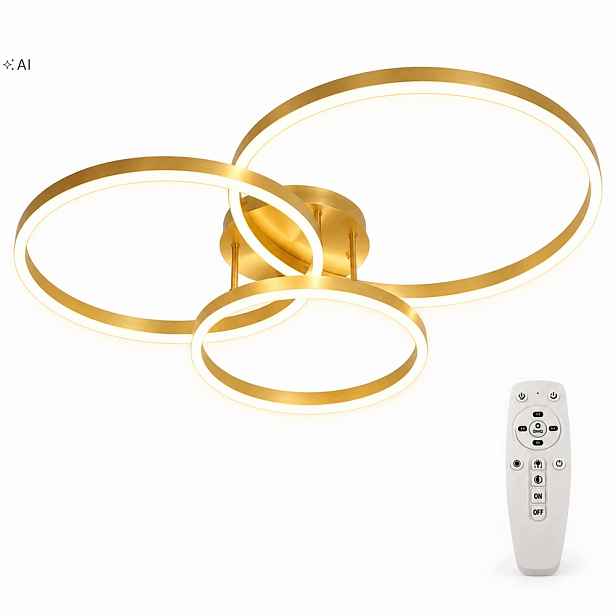 Závěsná Lampa 3 Led Kroužky, Zlatá, Stropní, 120 W, S Dálkovým Ovládáním, 82 CM