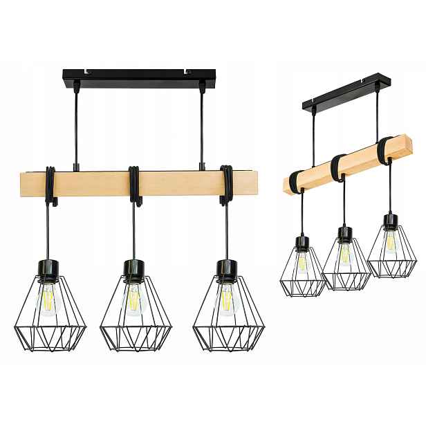 Dřevěná závěsná stropní lampa Lustr Zwis Loft Černý Drát 3xE27