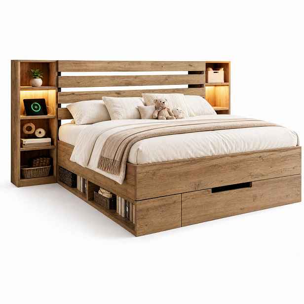 STILVORA POSTEL S NOČNÍMI STOLKY 160/200 cm dubová, 2 zásuvky, LED, USB a Type-C, dřevěný design
