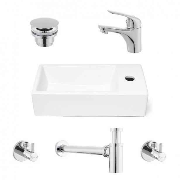 Koupelnový set pravého závěsného umývátka Brevis 40,5 cm, pákové baterie, sifonu, průtočné zátky a roháčků KSETBRE2P