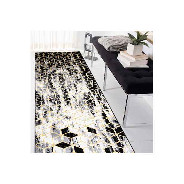 Běhoun Gloss 409A 82 3D cubes black/gold/grey, 80x200, černá, obývací pokoj, Dywany Łuszczów