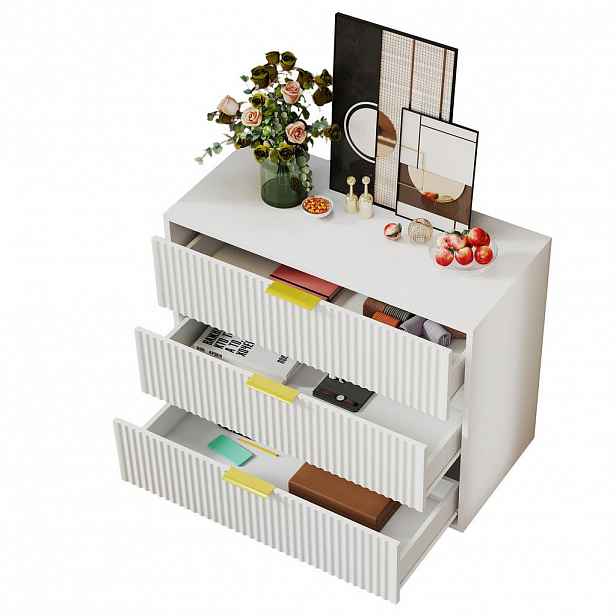 Redom KOMODA z MDF 40/80/72 cm se 3 zásuvkami, reliéfním čelem a zlatými kovovými nohami, Bílá