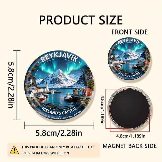 TEMU 1 ks 2D plochý magnet na ledničku ICELAND'S NORTHERN LIGHTS , odolný kulatý magnet, vhodný pro připevnění na ledničky, tabule, ruční práce,