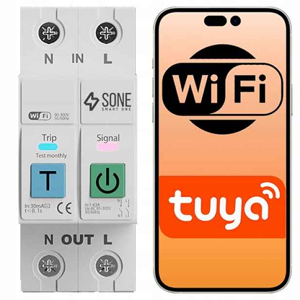 WiFi relé 63A Din Tuya s odpojením L a N diferenciál
