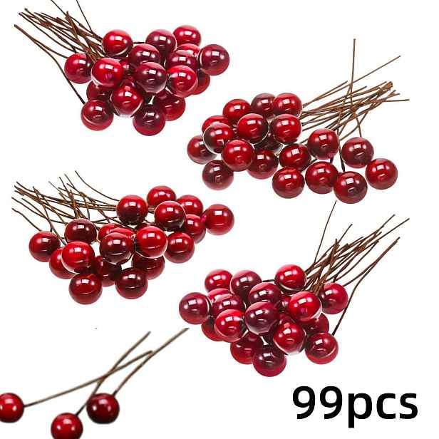 TEMU 99 ks, Umělé imitace červených bobulí z pěny, Vhodné pro manuální vánoční dekorace, dekorace nábytku, sváteční večírky