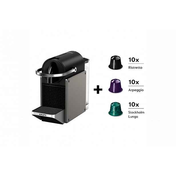 Kapslový kávovar KRUPS Nespresso Pixie Redesign + dárek 30 kapslí XN306T10P Titanový/Černý