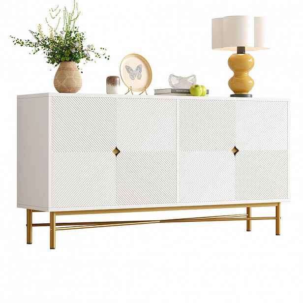 OKWISH BOČNÍ skříň 160/40/82 cm bílá z MDF a dřevotřísky se soft-close a zlatými úchyty