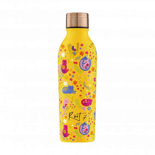 Root7 Termoláhev Happy Cats Kočky 500 ml voda káva pro děti Žlutá