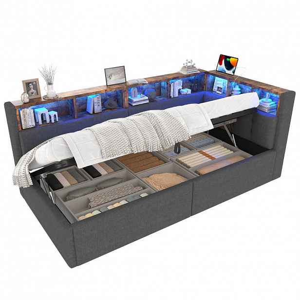 FLIEKS DENNÍ POSTEL 90x200cm Len USB-C LED Úložná Šedá
