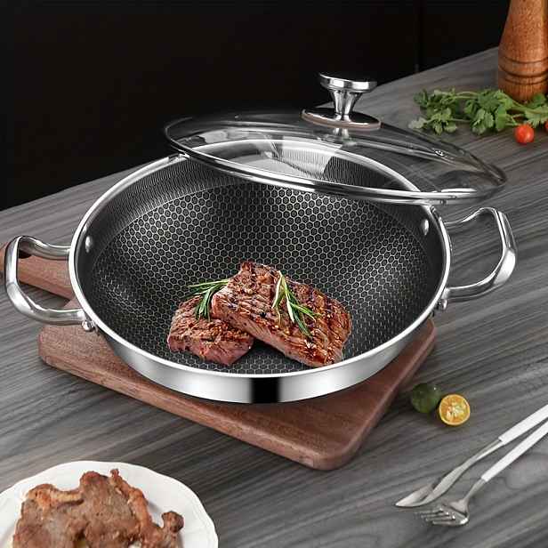 TEMU Nerezová 32cm Wok pánev s medovým vzorem, nepřilnavá, vhodná na indukci i plyn, prémiová kvalita